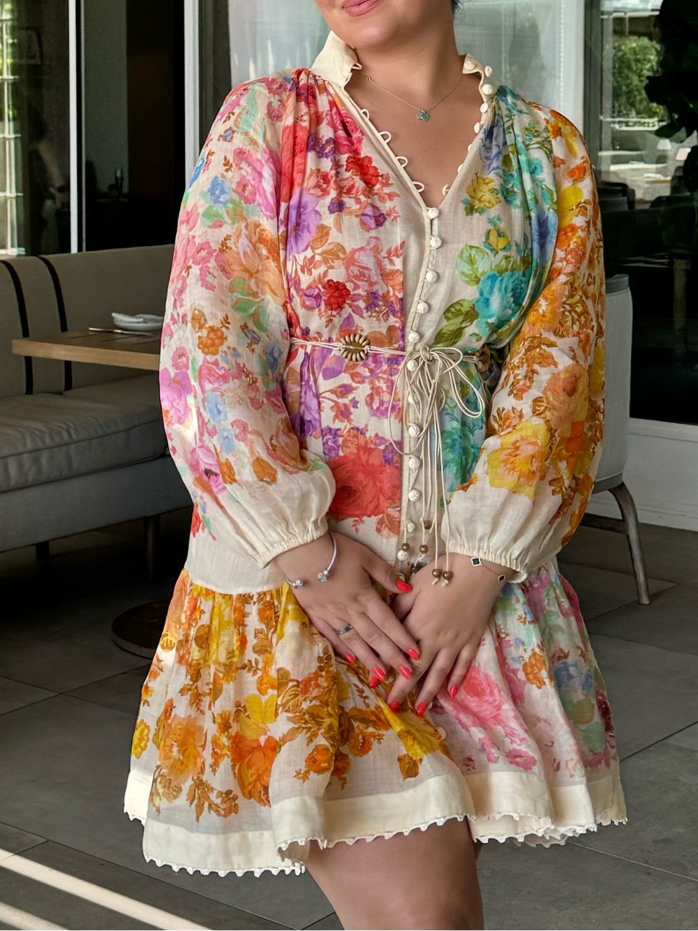 Zimmermann Cream Floral Tie-Waist Dress with Pastel Blooms